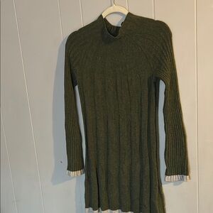 Anthropologie XS Olive Green Ribbed Knit Sweater Dress with Contrast Trim